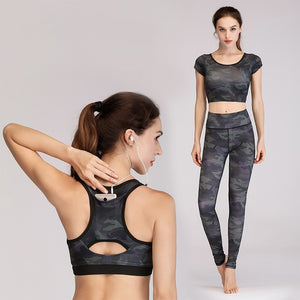 Women's Yoga Set High Elastic Sportswear Camouflage Sports Bra T-shirt Leggings Suits Gym Fitness Clothing Tracksuit Sport Suit