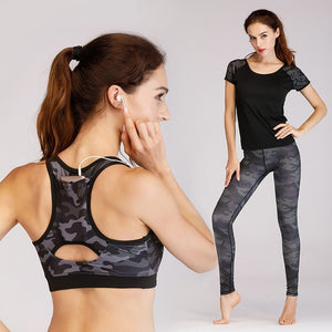 Women's Yoga Set High Elastic Sportswear Camouflage Sports Bra T-shirt Leggings Suits Gym Fitness Clothing Tracksuit Sport Suit