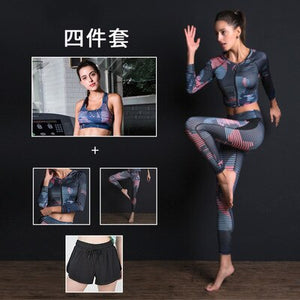 New Sportswear Ladies Suit Four-piece Printing Sports Fitness Clothes Jacket Long-sleeved zipper Women's Clothing Yoga Set